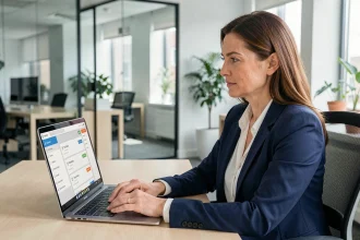 Femme professionnelle connectée à un portail partenaire sécurisé sur un ordinateur portable dans un bureau moderne