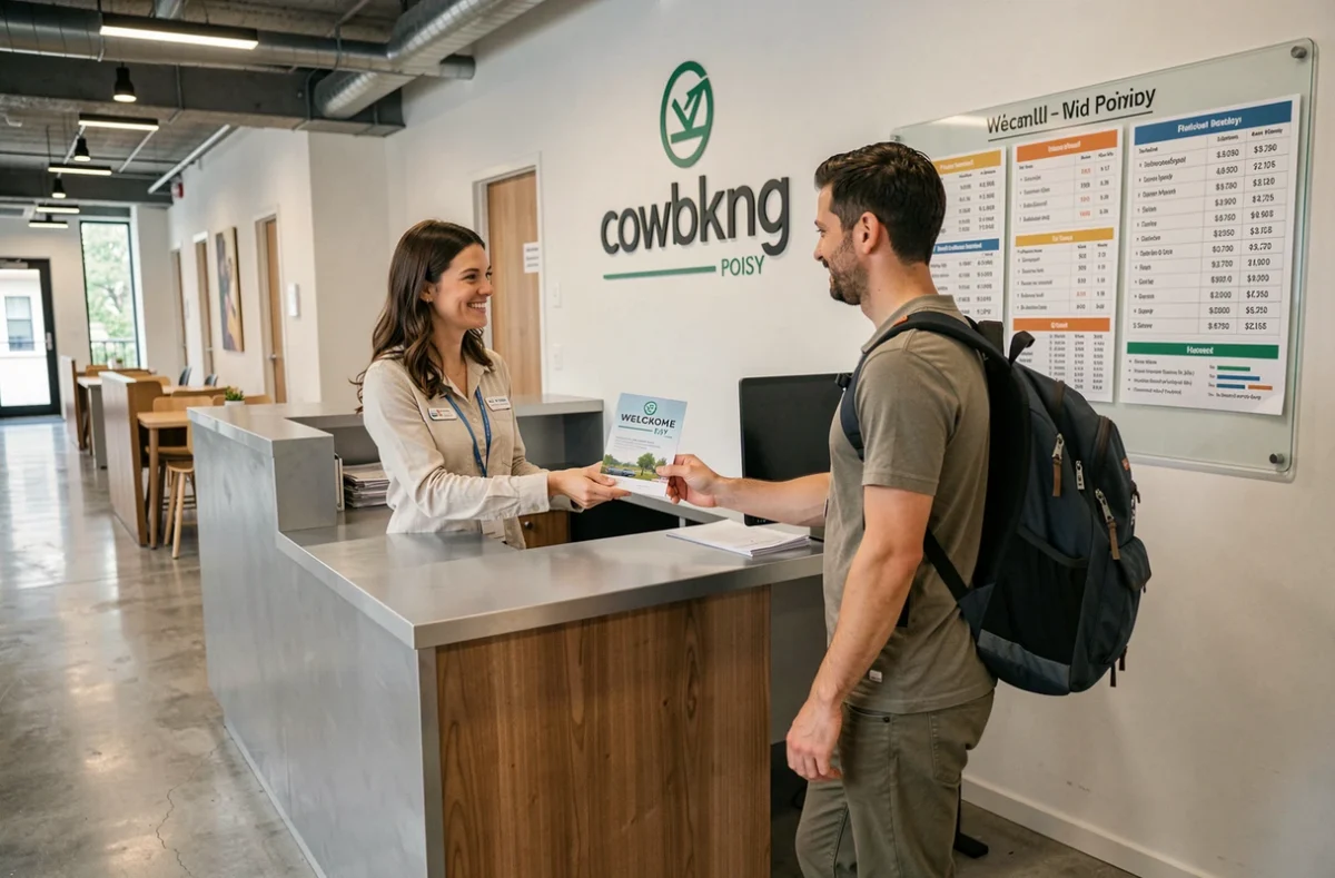 Accueil d'un espace de coworking à Poissy avec affichage des tarifs et réception