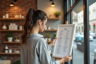 Femme examinant une affiche tarif imprimée accrochée dans une boutique artisanale