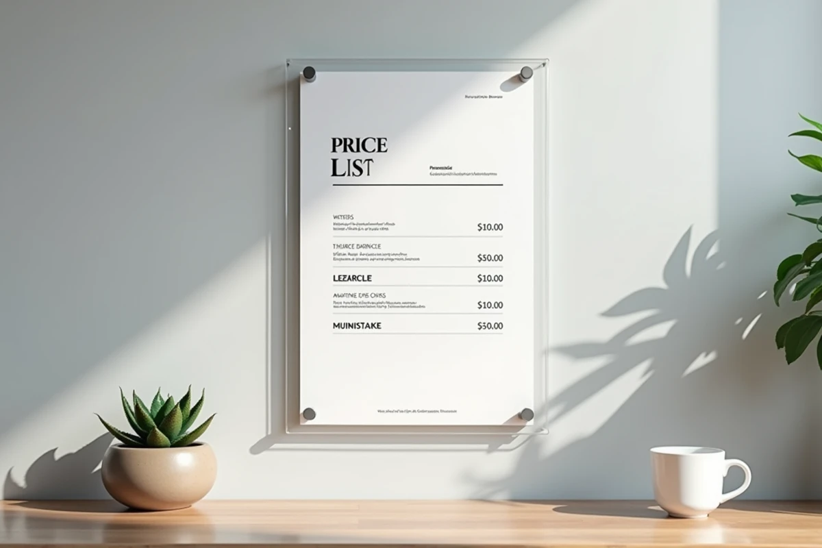 Affiche tarif imprimée encadrée dans un cadre acrylique affiché dans un café moderne