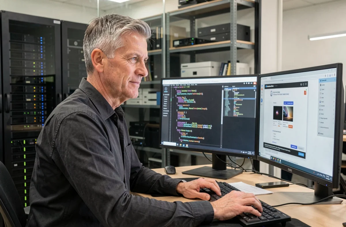 Développeur full-stack de l'agence DBW codant un site internet sur un double écran dans un espace tech moderne