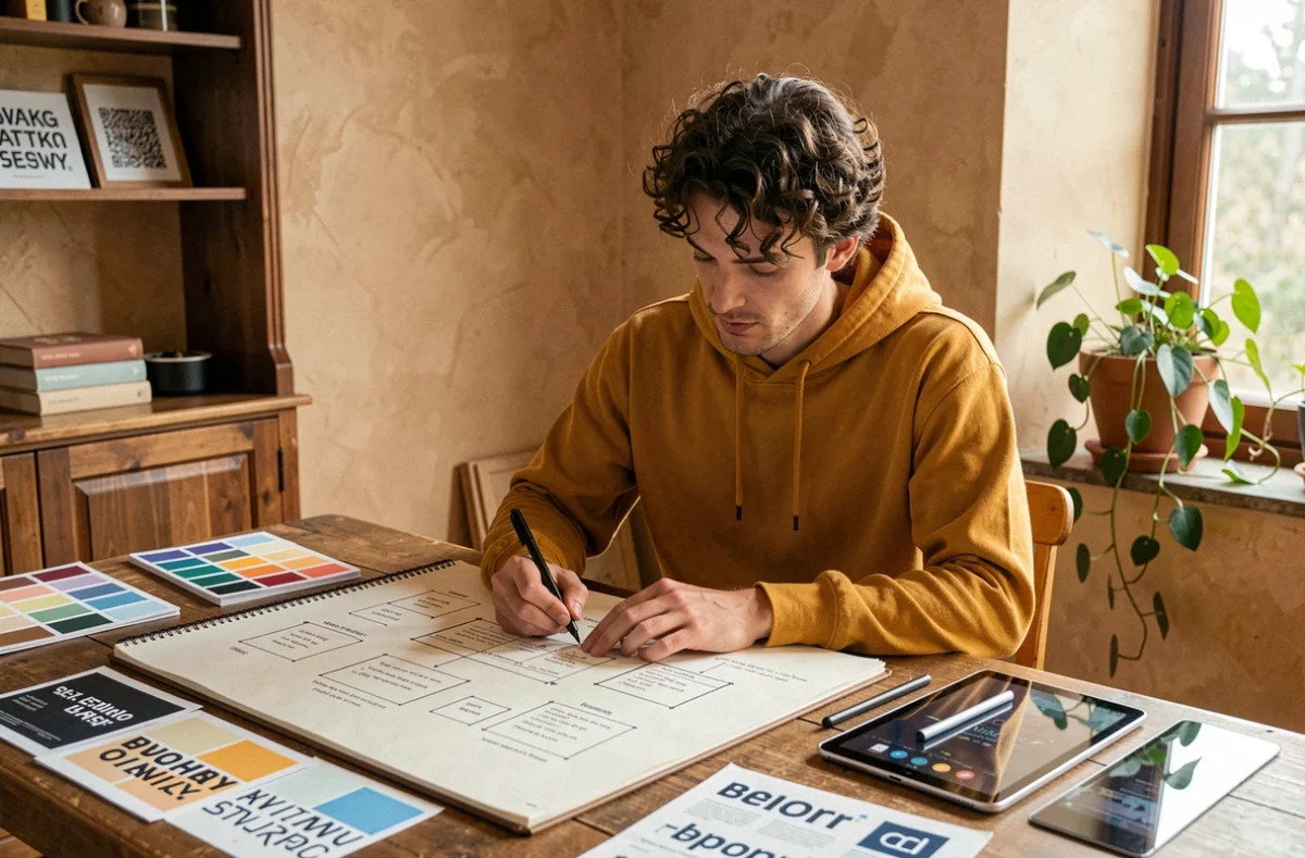 Designer de l'agence Fraisheur esquissant la maquette d'un site internet dans un studio créatif chaleureux