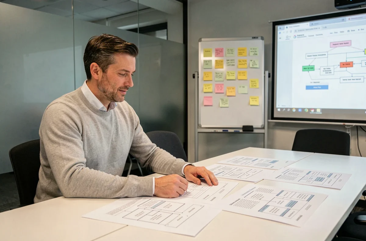 Expert UX de l'agence Kelcible animant un atelier de conception de site web avec des wireframes