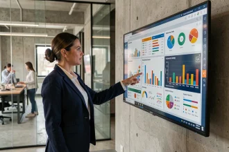 Responsable d'agence présentant des KPIs et tableaux de bord de performance à ses clients dans un bureau moderne