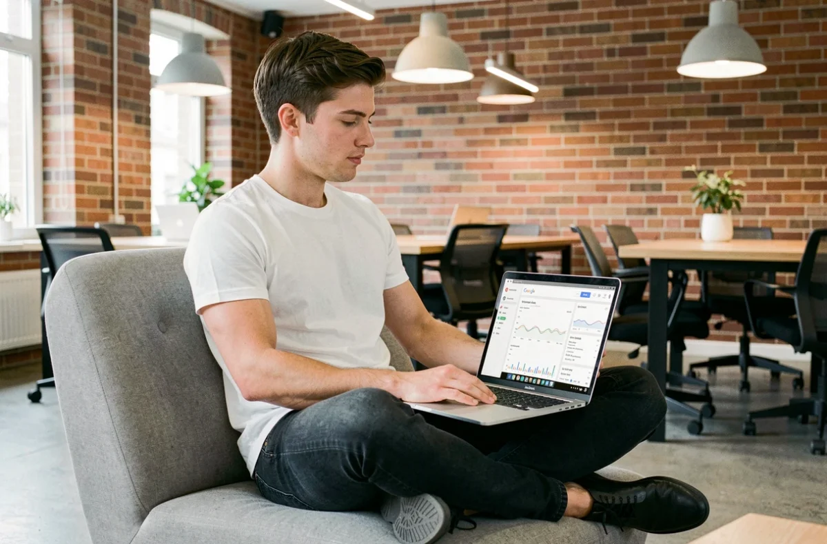 Spécialiste SEO de l'agence Ranker analysant les performances d'un site internet sur un ordinateur portable