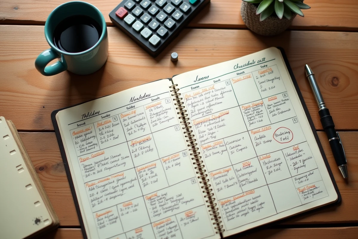 Vue aérienne d'un agenda de bureau avec annotations de jours ouvrés, jours fériés et calculs d'indemnités