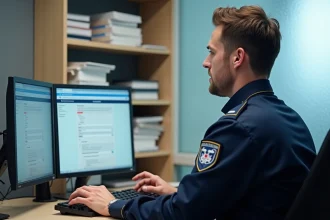 Agent des douanes utilisant le portail Prodouane sur un ordinateur de bureau dans un bureau administratif officiel