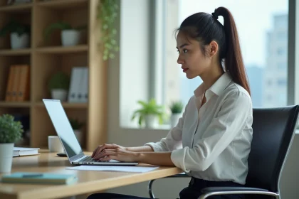 Jeune agente publique au bureau en train de naviguer sur un ordinateur