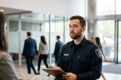 Jeune agent de sécurité en uniforme dans un hall moderne