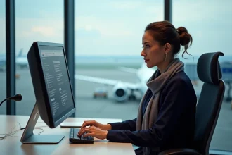 Agente Air France en uniforme naviguant sur l'intranet personnel sol depuis un poste de travail en aéroport