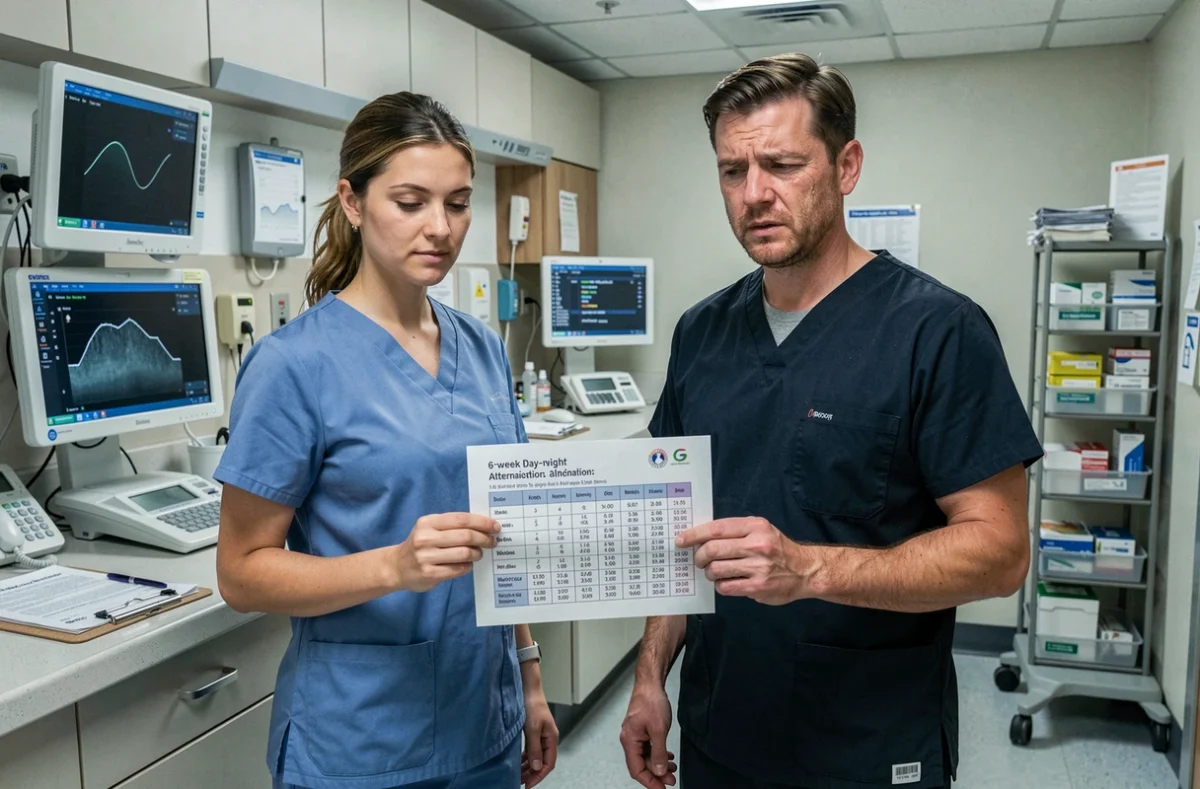 Deux soignants en binôme comparent un planning d'alternance jour/nuit sur 6 semaines au poste de soins d'un hôpital