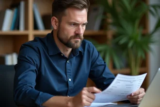 Homme analysant des documents de transfert d'argent international sur son bureau, illustrant les précautions à prendre avec un service de remise de fonds