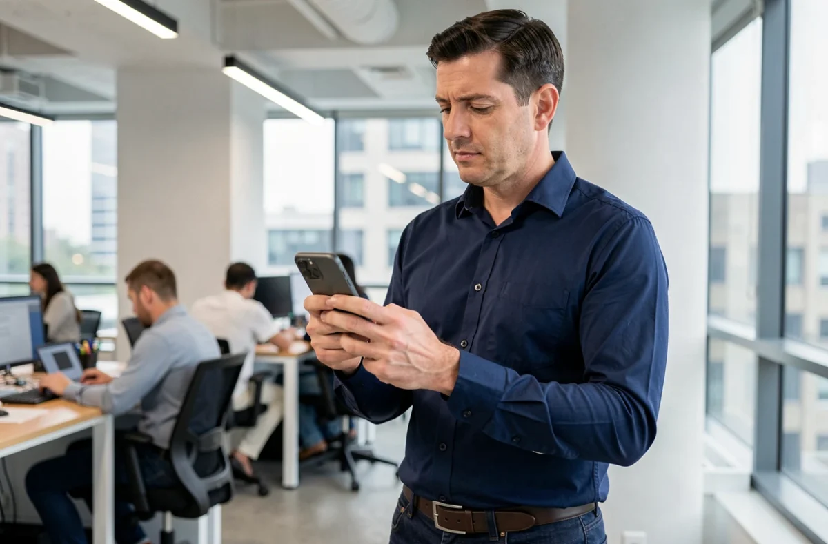 Homme analysant des avis en ligne sur son smartphone dans un espace de coworking moderne