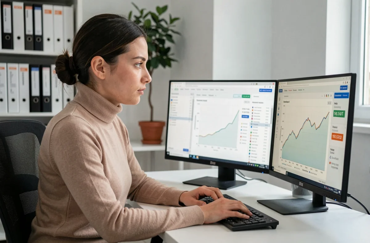 Analyste d'agence concentrée sur des écrans affichant des métriques digitales et des indicateurs de performance pour un client