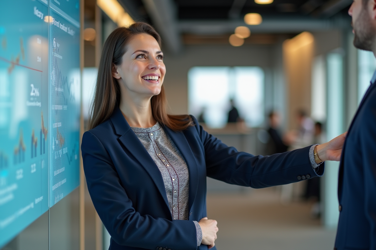 Analyste financière féminine montrant un graphique salarial