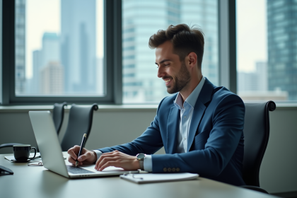 Jeune analyste financier à Toronto en costume bleu