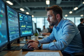 Analyste en énergie examinant des données d'interchange non planifié sur des écrans de contrôle dans une salle de gestion du réseau électrique