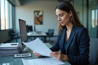 Analyste KYC femme examinant des documents de conformité dans un bureau financier moderne avec double écran
