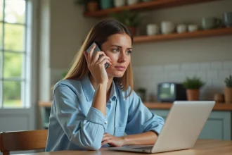 Femme en train d'appeler le service client Orange depuis sa cuisine avec un smartphone
