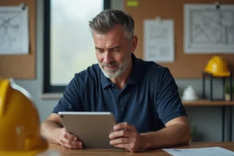 Artisan du bâtiment consultant ses factures sur une tablette dans un bureau de chantier organisé