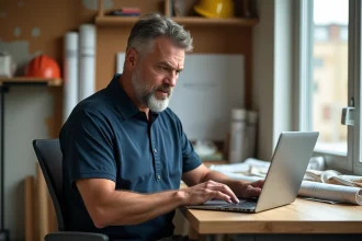 Artisan du bâtiment connecté à sa plateforme professionnelle sur un ordinateur portable dans un bureau de chantier
