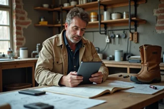 Artisan du bâtiment assis dans son atelier, consultant une application de gestion de chantier sur tablette pour organiser sa charge de travail