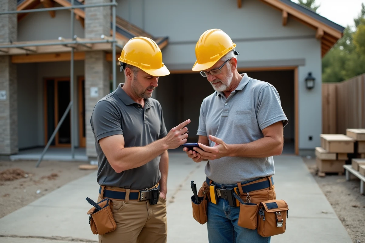 Deux artisans du bâtiment consultant ensemble un calendrier de missions sur smartphone devant un chantier de rénovation résidentielle