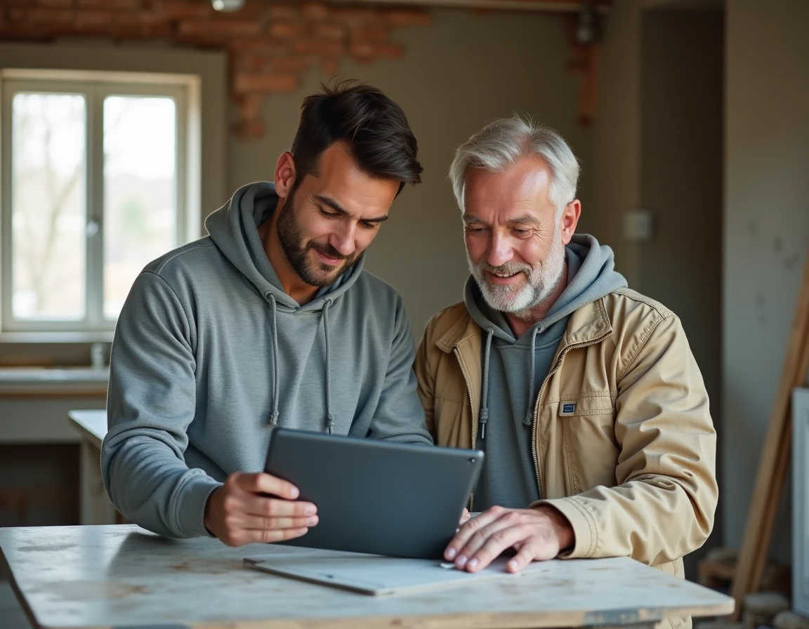 Deux artisans du bâtiment consultant ensemble leur espace professionnel en ligne sur tablette lors d'une rénovation
