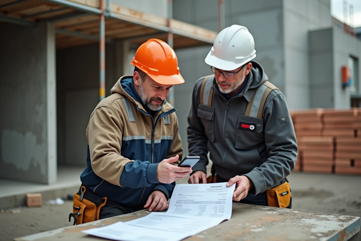 Deux artisans du bâtiment vérifiant une facture papier et une application de gestion sur chantier