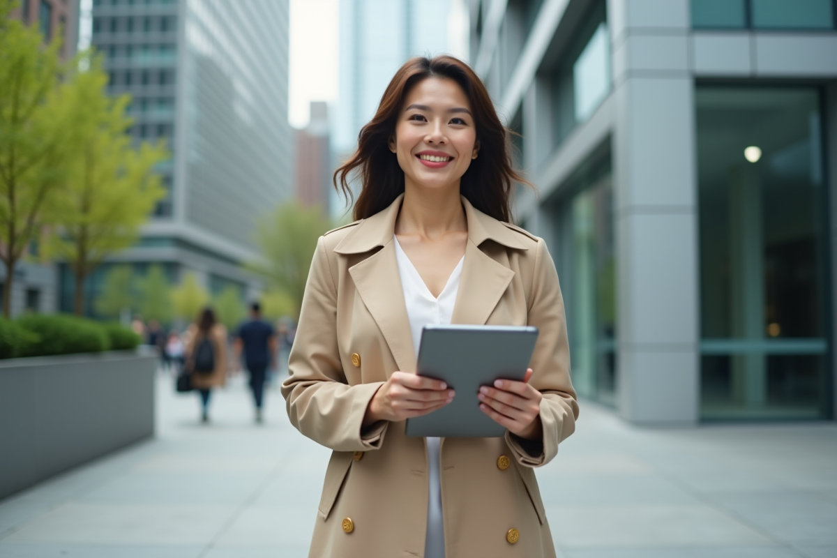 Assistante professionnelle devant un bâtiment moderne