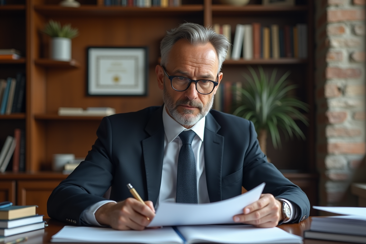 Avocat d'âge moyen étudiant des documents juridiques