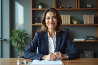 Avocate en bureau moderne examinant des documents