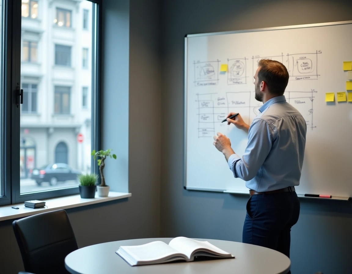 Homme en milieu de carrière planifiant sa reconversion sur un tableau blanc lors d'une session de bilan professionnel