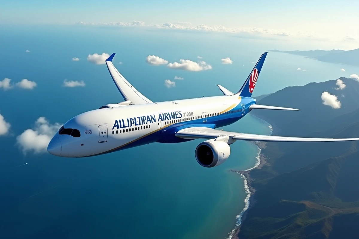 Boeing 787 Dreamliner d'ANA en vol au-dessus d'un paysage côtier montagneux avec ailes composites visibles