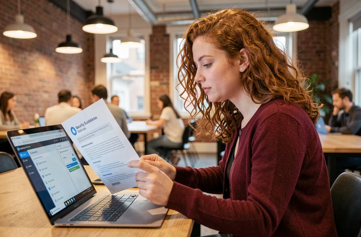 Jeune femme consultant les bonnes pratiques de connexion sécurisée à l'intranet MFR dans un espace de coworking