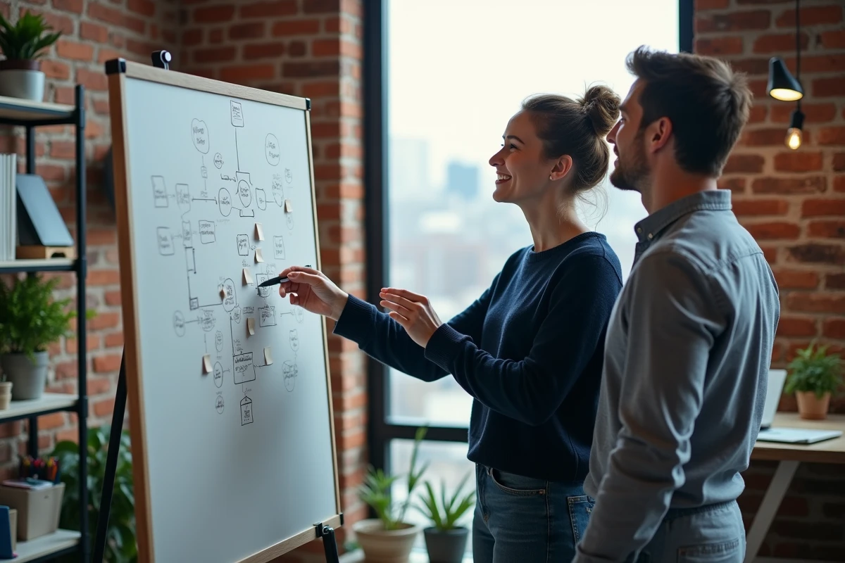 Deux collègues brainstormant devant un tableau blanc dans un espace de coworking moderne, représentant l'innovation collaborative et le dépassement du système D