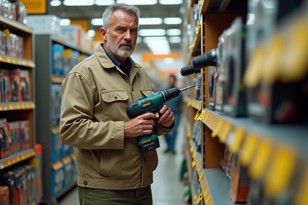 Bricoleur débutant comparant deux perceuses électriques dans un rayon de magasin de bricolage