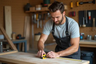 Bricoleur débutant mesurant une planche de bois dans un garage aménagé avec des outils accrochés au mur