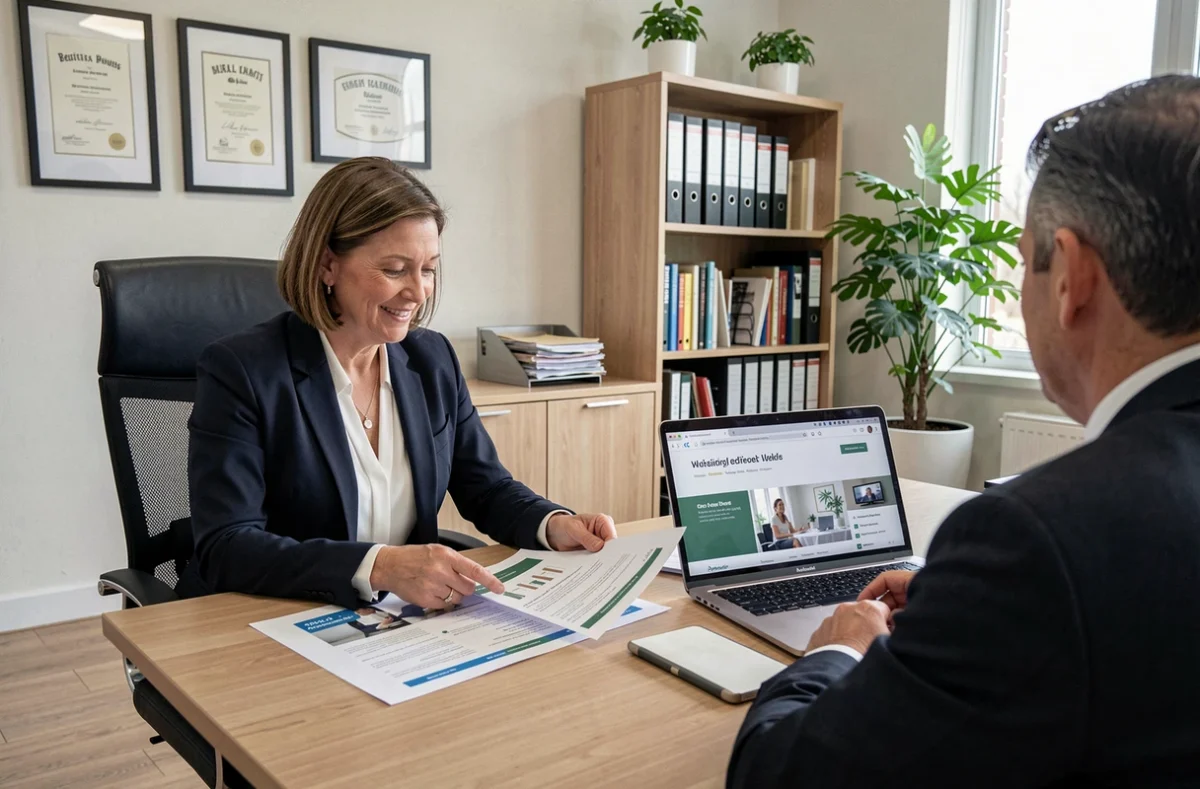 Consultante du Cabinet ACE présentant un audit de site internet à un client dans un bureau professionnel