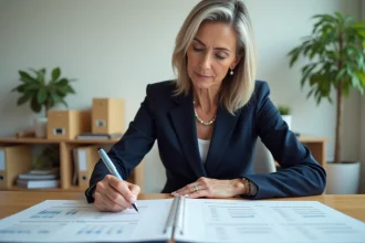 Femme calculant des délais ouvrés et ouvrables sur un calendrier papier dans un bureau professionnel