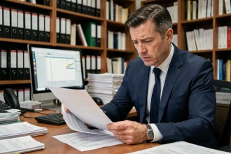 Homme d'affaires stressé analysant des documents financiers liés aux frais de cession d'un fonds de commerce