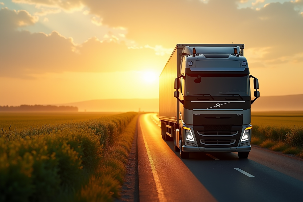 Camion de 15 tonnes sur une route de campagne au lever du soleil