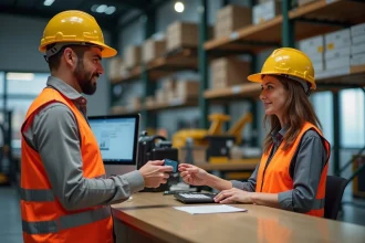 Responsable de chantier présentant sa carte de fidélité Loxam à un comptoir d'agence de location de matériel