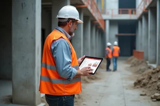 Chef de chantier consultant un logiciel de gestion BTP sur tablette avec chantier de construction en arrière-plan