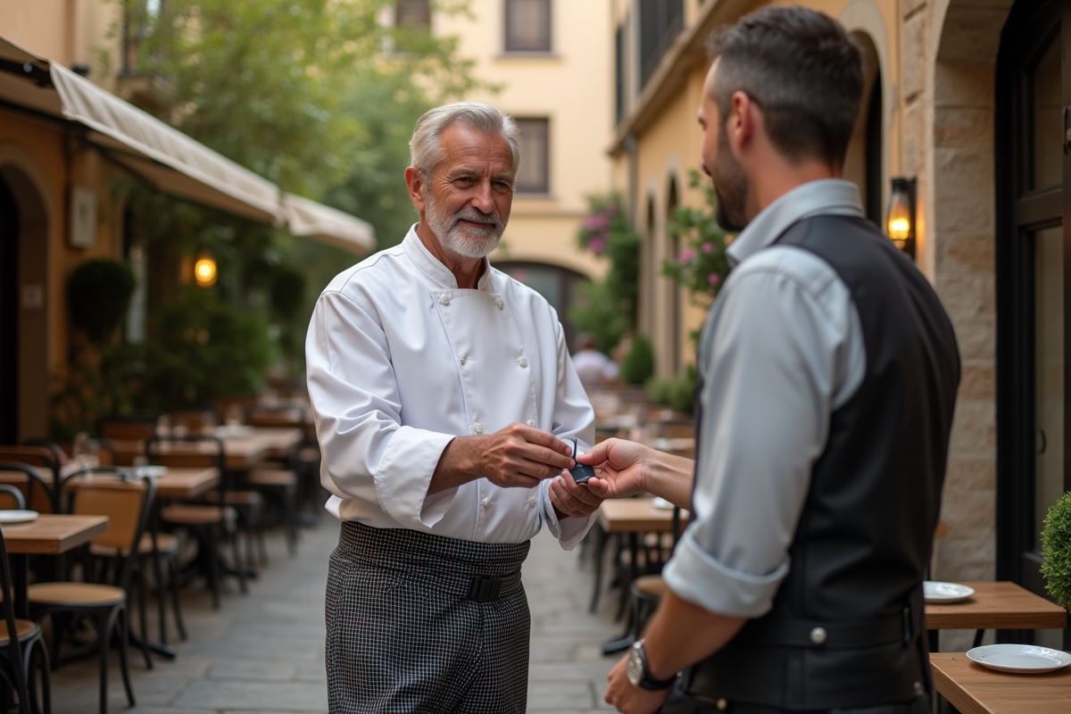 Chef remettant une carte de fidélité sur une terrasse urbaine
