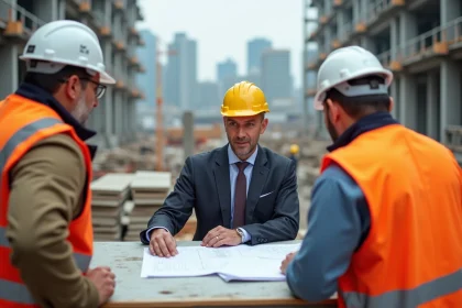Chef de projet en r&eacute;union sur un chantier urbain avec superviseurs