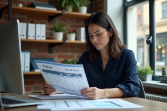 Cheffe d'entreprise consultant un calendrier annuel de jours travaillés dans un bureau de petite entreprise