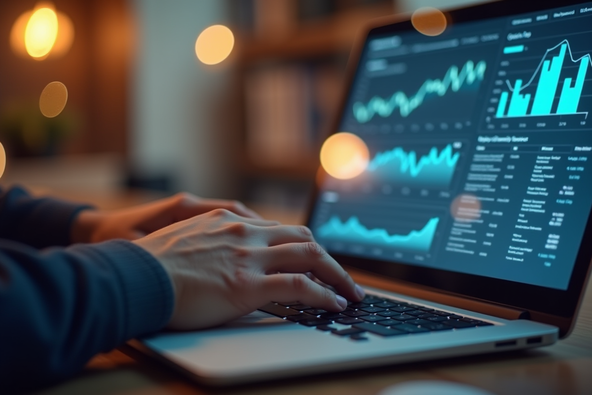 Mains tapant sur un clavier avec tableau de bord ERP visible