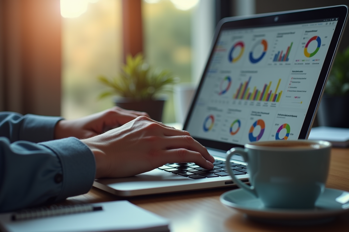 Mains tapant sur un ordinateur avec tableau de bord CRM