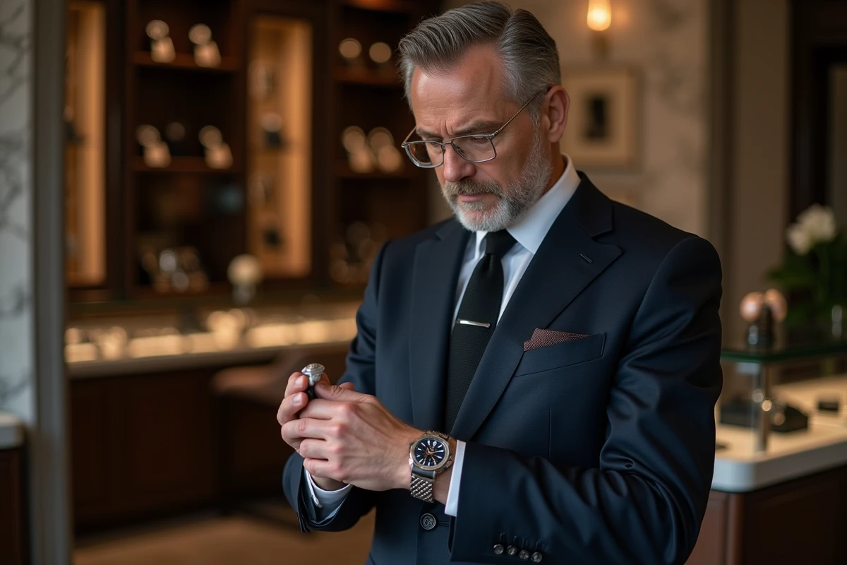Homme élégant en costume marine examinant une montre mécanique de luxe dans une boutique haut de gamme, clientèle aisée des grandes maisons horlogères